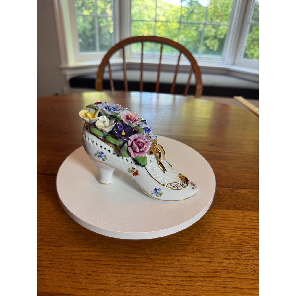 Vintage Porcelain Floral Shoe Figurine Gilded Gold Trim Applied Flowers 6 inch